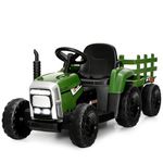 Costzon Ride on Tractor w/Detachable Trailer, 12V Kids' Electric Vehicles w/ 3-Gear-Shift Ground Loader, Wireless Design & USB, 7 LED Headlights, Remote Control Tractor Toys for Kids 3+ (Dark Green)