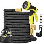 Expandable Garden Hose 50 ft Water Hose 3750D Extra Strength Fabric Flexible Retractable Hose with Triple Layer Latex Core 3/4" Solid Brass Fittings, 10 Function Nozzle, Black