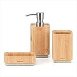 Bamboo Bathroom Accessories Set, Bamboo Wood Bathroom Accessories Include Bamboo Soap Dispenser, Tumbler, Soap Dish, with Concrete Base