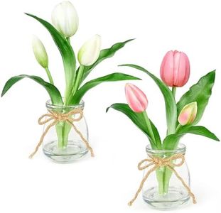 Lovmeety 2 Pack Artificial Flowers in Glass Vase with Faux Water, Real Touch Tulips with Vase Floral Arrangements Small Potted Plants Table Centerpiece for Home Room Office Desk Shelf Decor