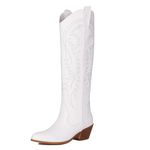 COOLCEPT Women Knee High Cowboy Boots Embroidered Chunky Stacked Heel Cowgirl Boots Pull on Western Boots White Size 43