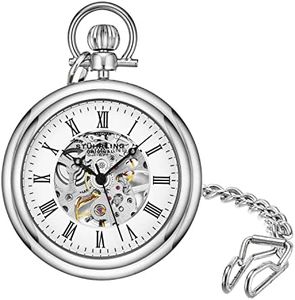 Stuhrling Original Mens Vintage Mechanical Pocket Watch - Stainless Steel Analog Skeleton Hand Wind Mechanical Watch with Belt Clip Stainless Steel Chain 6053.33113