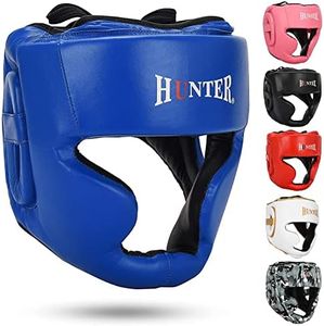 HUNTER Headguard for Professional Boxing, MMA Training Headgear, Kickboxing Head Gear, Headgear for Muay Thai, Grappling, Kickboxing, Karate, Taekwondo, Martial Arts (S/M, Blue)