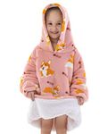 Kids Oversized Blanket Hoodie Wearable Boy Girl, Soft Snuggle Warm Flannel Sweatshirt Blanket with Big Front Pockets, Lounging Sweater Blanket Warm Indoors Outdoors 3-6Years Corgi