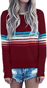 ECOWISH Women's Sweater Rainbow Colorful Striped Sweaters Long Sleeve Crew Neck Color Block Casual Pullover Blouse Tops Wine Red X-Large