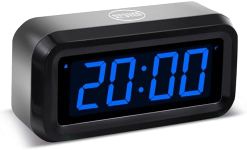 Timegyro Digital Alarm Clock Battery Operated with LED Display for Bedrooms, Long Battery Life, 3 Brightness Adjustable, 12/24 Hour, Snooze, Black Case with Blue Digits