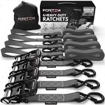 FORTEM Ratchet Tie Down Straps, 2362kg Break Strength, (4) 3.04 Meter Heavy Duty Straps, (4) Soft Loops, Rubber Coated Metal Handles, Plastic Coated Metal Hooks, Carrying Bag (Grey)