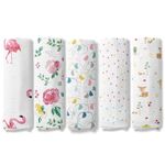 haus & kinder Safari Squad 100% Cotton Muslin Baby Swaddles Wrap for Newborn Baby, Size 100Cm X 100Cm, Pack of 5 (Bird Flamingo, Floral, Elephant, Dots, Woodland), White