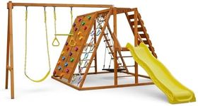 Avenlur Sycamore Wooden Swing Set with Climbing Ladder, 2 Belt Swings & Trapeze Bar – Outdoor Backyard Jungle Gym Playground for Kids – Heavy Duty Wooden Playset