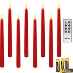 Rhytsing Set of 8 Battery Operated Led Taper Candles with Remote, Red Dining Candles Smooth Wax Finish, Warm White LED, Batteries Included