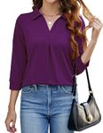 Bluetime Womens Tops Dressy Casual V Neck 3/4 Sleeve Work Shirts Business Office Blouses Loose Fit Tunic Tops (M-3XL), Purple Plum, Medium