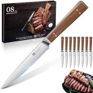 Purple Dragon Steak Knives Set of 8-4.7 Inch Non Serrated Dinner knife with Square Wooden Handle – Elegant, Balanced, High Carbon German Steel, Ideal for Dining or Gifts