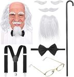 8 Pieces Old Man Costume Grandpa Costume, Wig Walking Cane Glasses Faux Eyebrows Artificial Mustache Suspenders Bow Tie(Silver White)