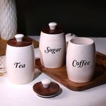 CraftShila Ceramic Tea Coffee Sugar Containers Set of 3 with Wooden Lids | Jar & Container for Kitchen Storage Set | Multi Utility Air Tight Kitchen Organizer Items (Hand-Painted, 400 ML)