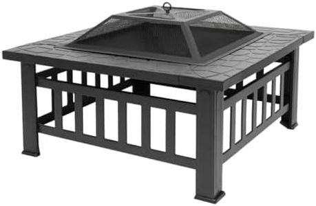 32 Inch Square Wood Burning Fire Pit, Outdoor Steel Metal Fireplace Table with Mesh Lid and Spark Screen, Black Patio Ba