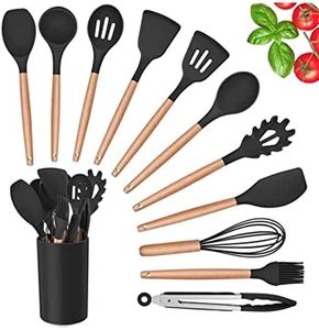 SHYONA Silicone Kitchen Utensil Set, 11 Pieces Wooden Handles, Utensils Holder for Nonstick Cookware, Spoons, Soup Ladle, Slotted Turner, Whisk, Tongs, Brush, Pasta Server(Multi Color)