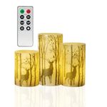 ADEPTNA 3 Pack LED Candles Gift Set – Gold Reindeer Elk Decal Real Wax Candles Lights with Remote Control - Flameless Light with Realistic Flickering – Christmas Home and Party Decoration