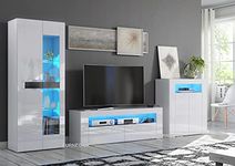 Furneo High Gloss & Matt White Living Room Set TV Stand Sideboard Display Cabinet Blue LED Lights