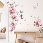 decalmile Peony Flower Wall Stickers Pink Blossom Floral Butterfly Wall Decals Girls Bedroom Living Room TV Sofa Wall Decor