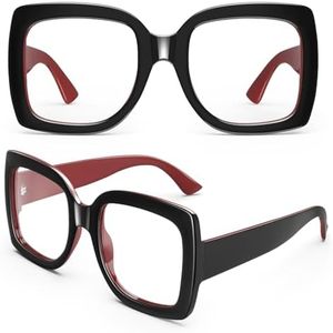 GQUEEN Oversized Fake Glasses Women Men Retro Thick Big Square Frame Clear Lens UV400 Protection Fashion Eyeglasses,Black Red