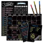 Magnetic Chalkboard Monthly Calendar - Reward Chore Chart Blackboard Combo Set with Neon Bright Liquid Chalk Markers - Bonus Grocery List and Notepad Blackboard for Refrigerator Included