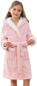 Uikue Girls Fleece Robe, Hooded Soft Fluffy Sleepwear with Pockets(Pink, L) | Unisex Plush Cozy Kids Open-Front Loungewear with Adjustable Belt, Family Matching Set for Boys & Girls, Aged 6-15 Years