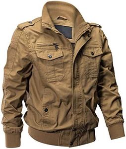 EKLENTSON Men's Cotton Lightweight Multi Pockets Zip Front Stand Collar Military Jackets Windbreaker, Khaki, Medium