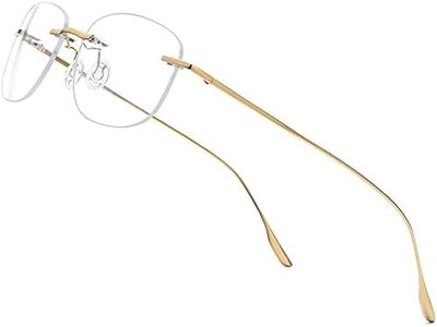 FONEX Metal Square Eyeglasses,Rimless Frameless Lightweight Glasses Frame for Men (8107 Gold)