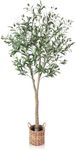 SOGUYI Artificial Olive Tree 6ft Tall Fake Plant, Faux Olive Tree Topiary Silk Trees with Handmade Woven Basket Planter, Artificial Floor Plants for Home Office Living Room Indoor Decor(Set of 1)