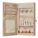 SONGMICS Mirror Jewelry Cabinet Armoire with Built-in LED Lights, Wall or Door Mounted Jewelry Storage Organizer, 3.8 x 14.6 x 26.4 Inches Hanging Mirror Cabinet, Gift Idea, Camel Brown UJJC050N01