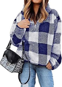 BTFBM Women Sherpa Pullover Quarter Zip Long Sleeve Fluffy Soft Fleece Jackets Sweaters Sweatshirts Hoodies Outwear Coat (Plaid Blue, Small)