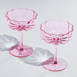 Khen Flower Vintage Wavy Petals Wave Glass Coupes 7oz Colorful Valentine's Day Cocktail Glasses, Set of 2 - Rippled Champagne, Martini, Prosecco, Mimosa Glassware, Elegant Barware (Pink)