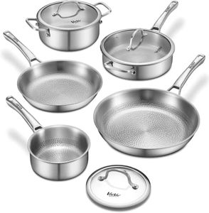 Titanium pans for cooking Non Stick with lid,8pcs Uncoated Hammered titanium pro frying pan, PFAS Free Cookware, Butter warmer skillet, Induction & Oven-Safe