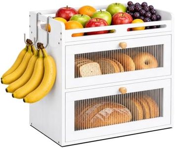 Bread Box for Kitchen Countertop, 2-Tier Bamboo Storage with Raised Shelf | White, Large Bread Container, 2 Banana Hooks, Acrylic Window, Rear Vents, Counter Organizer for Pantry, Fruit, Jars & Snacks