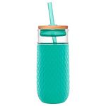 Ello Devon Glass Tumbler, Protective No Sweat Silicone Sleeve and Splash Proof Wooden Detail Lid with Straw, 18 oz