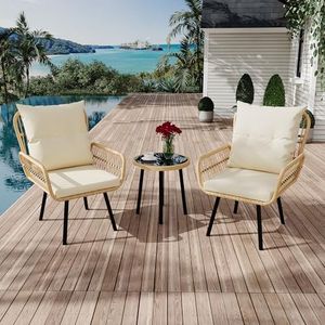 GarveeLife 3 Piece Patio Bistro Set, Outdoor Wicker Conversation Set with Round Glass Top Coffee Table and Cushioned Chair, All-Weather Rattan Patio Furniture for Porch Balcony, Beige