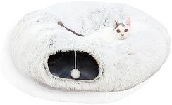 LUCKITTY Warm Fluffy Plush Cat Dog Tunnel Bed with Washable Cushion-Big Tube Playground Toys 3 FT Diameter Longer Crinkle Collapsible 3 Way, for Indoor Cat Kitty Kitten Puppy Rabbit Ferret White