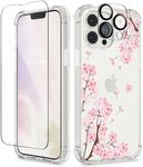 GVIEWIN Designed for iPhone 13 Pro Case 6.1 Inch, with Tempered Glass Screen Protector + Camera Lens Protector Clear Flower Soft & Flexible Shockproof Floral Women Phone Cover (Sakura/Pink)