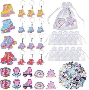 Roller Skate Party Favors, 86pcs Roller Skating Party Favors with Keychains Acrylic Pin Badges Stickers, White Organza Bags for Roller Skate Theme Party 90s Throwback Hip Hop Birthday Party Favors