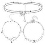 3 Pcs Ankle Bracelets For Women, Foot Bracelet Silver Pearl Anklet Adjustable Ankle Chain Layered Ankle Bracelet Heart Pendant Anklets Butterfly Silver Anklets Boho Double Anklet for Women Girls