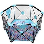 Baby Playpen, Foldable and Portable Mesh Baby Fence with Carry Bag, Large Activity Centre for Boys Girls, Children Toddler Kids Indoor Outdoor Safety Play Yard Ball Pool (6 Panel, Black&Blue)