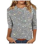 AMhomely Ladies Long Sleeve Tops Sparkly Tops for Women UK 3/4 Sleeve Casual Tunic Tops Office Shirts Work Basic Pullover Tops Funny Print Tee Shirts Blouse Sportswear Tee Shirts Clearance Silver M