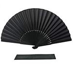 FANSOF.FANS Black Silk Fabric Folding Hand Held Fan with a Pouch Bamboo Ribs Chinese Vintage Handheld Girls Women Wedding Party Favour Gift (Simple Black)