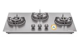 Sujata Gas Stove 3 Burners | 5 Years Warranty | 3 Burner Gas Stove Stainless Steel Auto Ignition, CookTop cum Hob Top, LPG Ready & PNG Compatible, Brass Burner (Osmium - 3 Burner Auto Ignition)