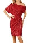 GRACE KARIN Ladies Sparkly Sequin Prom Dress Asymmetric Off-Shoulder Midi Cocktail Party Dresses for Going Out Red XL