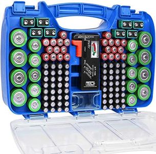 The Battery Organizer, Battery Organizer Storage Case with Tester, Stores & Protects Up to 180 Batteries, Hinge Clear Cover with Locking Lid, Garage Gadget Organization Holds AA AAA C D and More, Blue