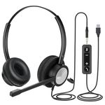 MKJ USB Headset with Microphone Noise Cancelling for PC, Dual Ear USB/3.5mm Computer Headset for Call Center & Home Office, Wired Headphone for Laptop, Works with Skype, Ms Teams, Zoom, Webinar