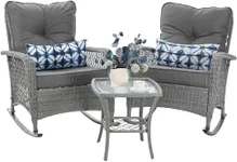 VONZOY Patio Furniture Set 3 Pieces, Wicker Outdoor Rocking Bistro Set with Thick Cushions, Outdoor Rocker Chairs and Coffee Table for Porch, Backyard or Garden (Grey)