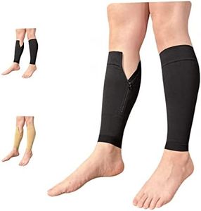 Ziperior 15-20 mmHg Compression Shin Calf No Foot Inside Leg Zipper Sleeves (Black, 3X-Large)