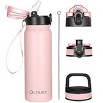 Oldley Insulated Water Bottle 20oz Water Bottles with Straw, Stainless Steel Water Bottle with 3 Lids, Double Wall Vacuum Bottles for Adult Kids, Sports Bottles for School Travel, Pink